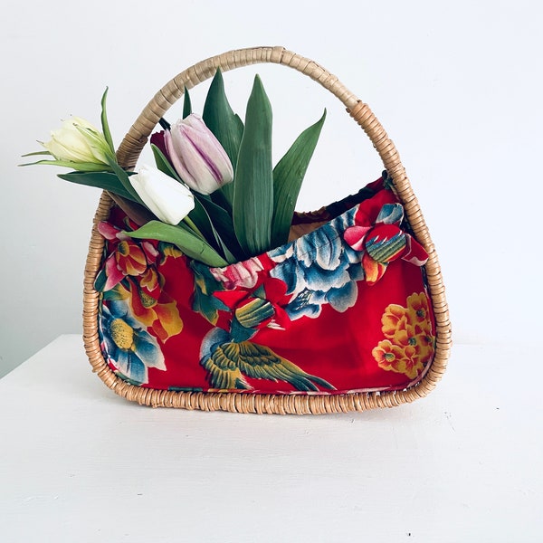 Korb Korbtasche 60er Jahre Vintage Handtasche Strandtasche rot  Blumen Mid Century Rockabilly