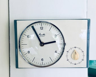 Kitchen clock Mauthe Electric with timer Vintage 60s ceramic wall clock light blue white Mid Century Sixties kitchen ceramic clock