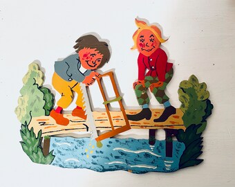 Vintage Max und Moritz 50er Jahre Laubsägearbeit Märchen Wandbild Erinnerungsstück Bild Wandbild Mid Century