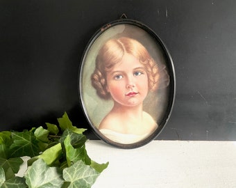 Vintage framed picture black print picture frame 30s vintage oval lady portrait face