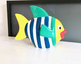 Memphis money box 80s fish design blue turquoise yellow white ceramic vintage striped stripes striped