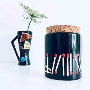 Ceramic Box Wächtersbach Vintage Cork Lid Matches Black Mid Century Rockabilly