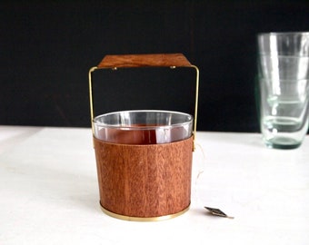 Ice Bucket Mid Century JODA Teak String Vintage 60s Glass Wood