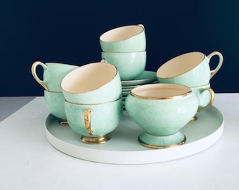 8 cups saucers sugar bowl Paragon vintage cup mint green gold Fine China Made in England