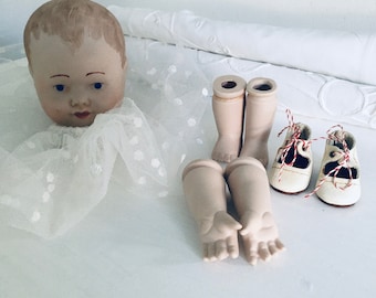 Doll head legs hands lot ceramic DIY baby doll brocante doll parts doll shoes