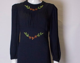 A Vintage dark navy Blue 1940s floral embroidered Day Dress