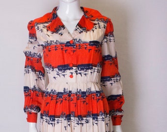 A 1960s Vintage pleat Dress in Red, White and Blue Bird Print