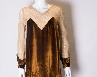 A Vintage 1920s Silk Velvet urnt orange and Lace Dress