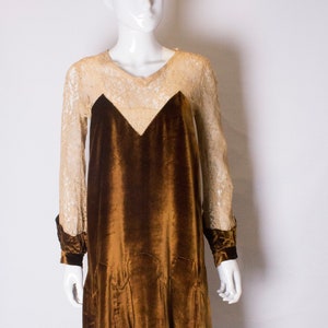A Vintage 1920s Silk Velvet urnt orange and Lace Dress