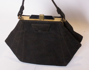 A Vintage 1920s Art Deco Black Suede Handbag