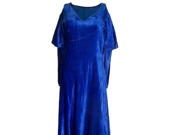 Een vintage jaren 1930 blauwe zijden fluwelen jurk