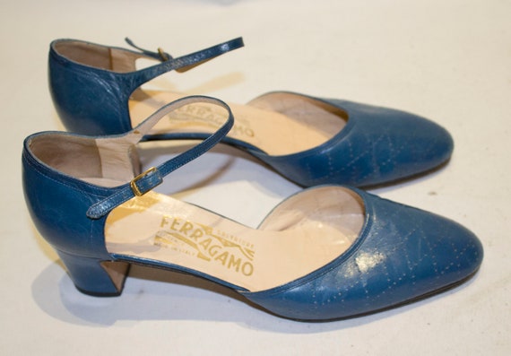 A pair Vintage 1980s Blue Leather Ferragamo Shoes