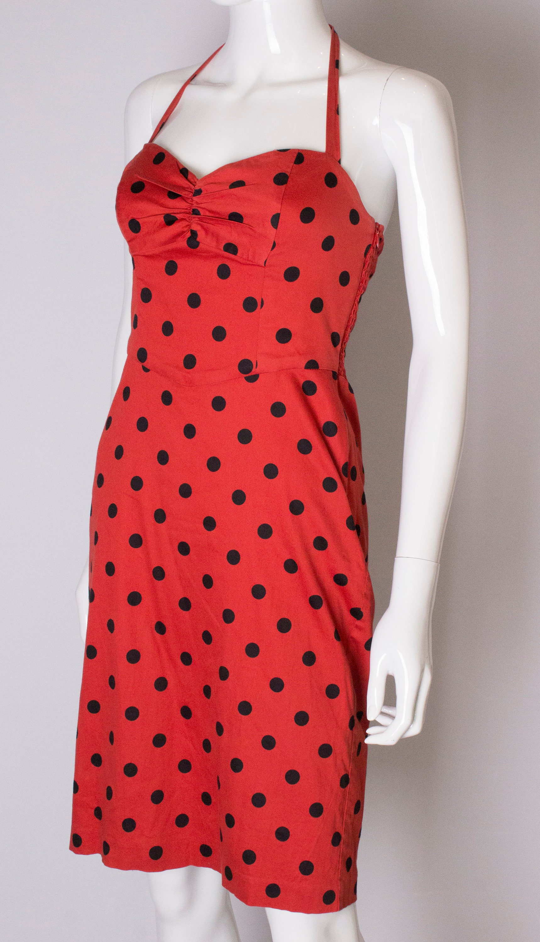 Polka Dot Yellow 1950s Vintage Pinup Belt Pleated Women Halter Neck Evening Party Cotton Dress