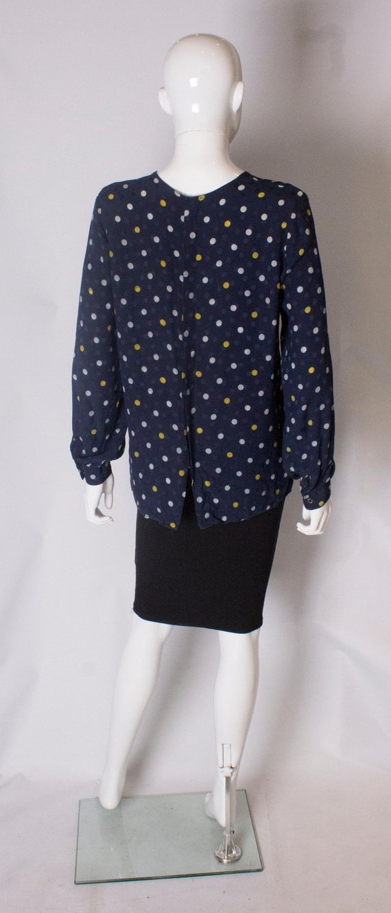 A Vintage 1990s navy polka dot silk blouse by Val… - image 5