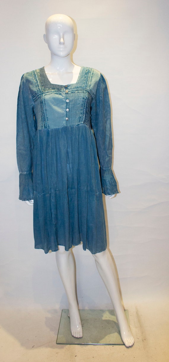 VINTAGE Mini Dress Top Tunic India Cotton Teal Red Hand Plock Print FABINDIA Boho Gypsy Pop 70/' Flowers Circles S size