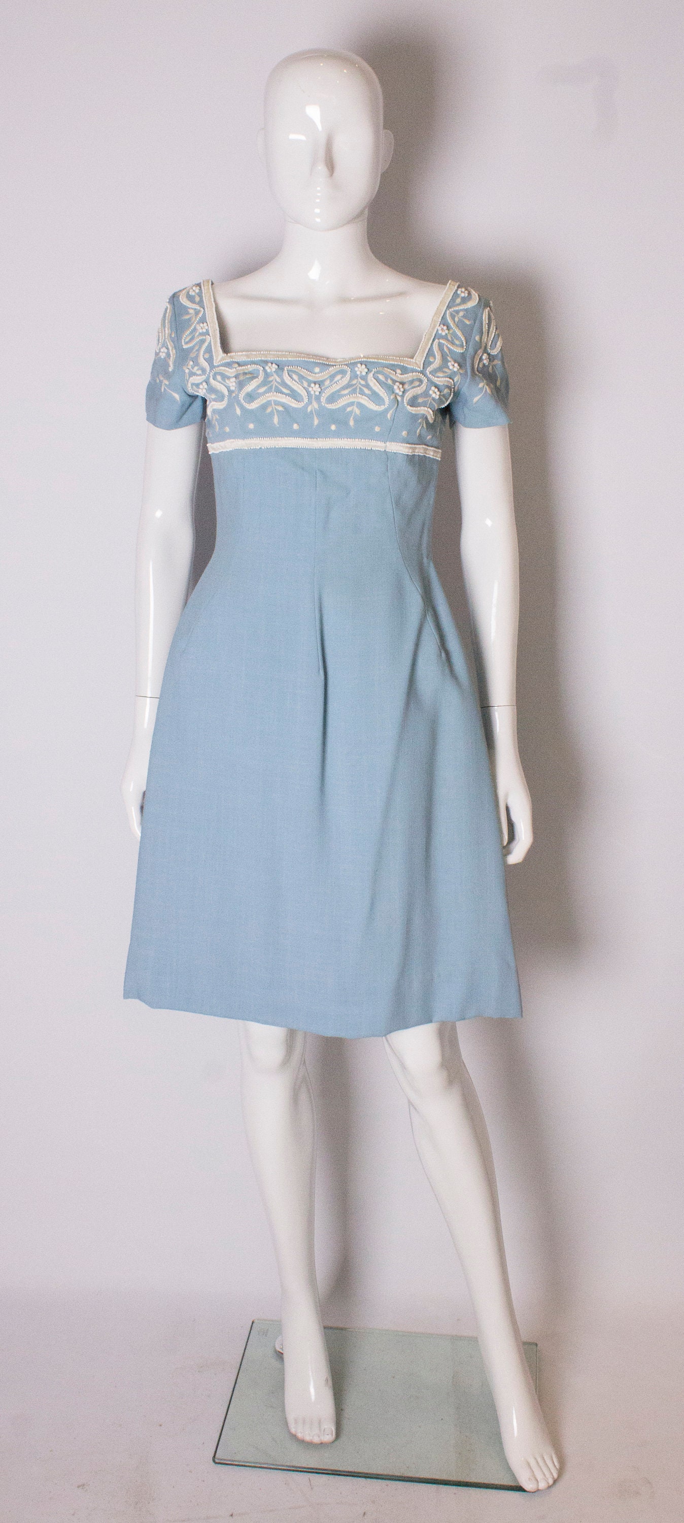 Image of A Vintage S Pale Blue Cotton & Beaded Day Dress By Jean Allen London