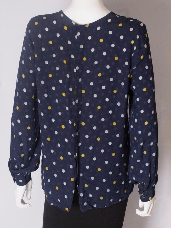 A Vintage 1990s navy polka dot silk blouse by Val… - image 6