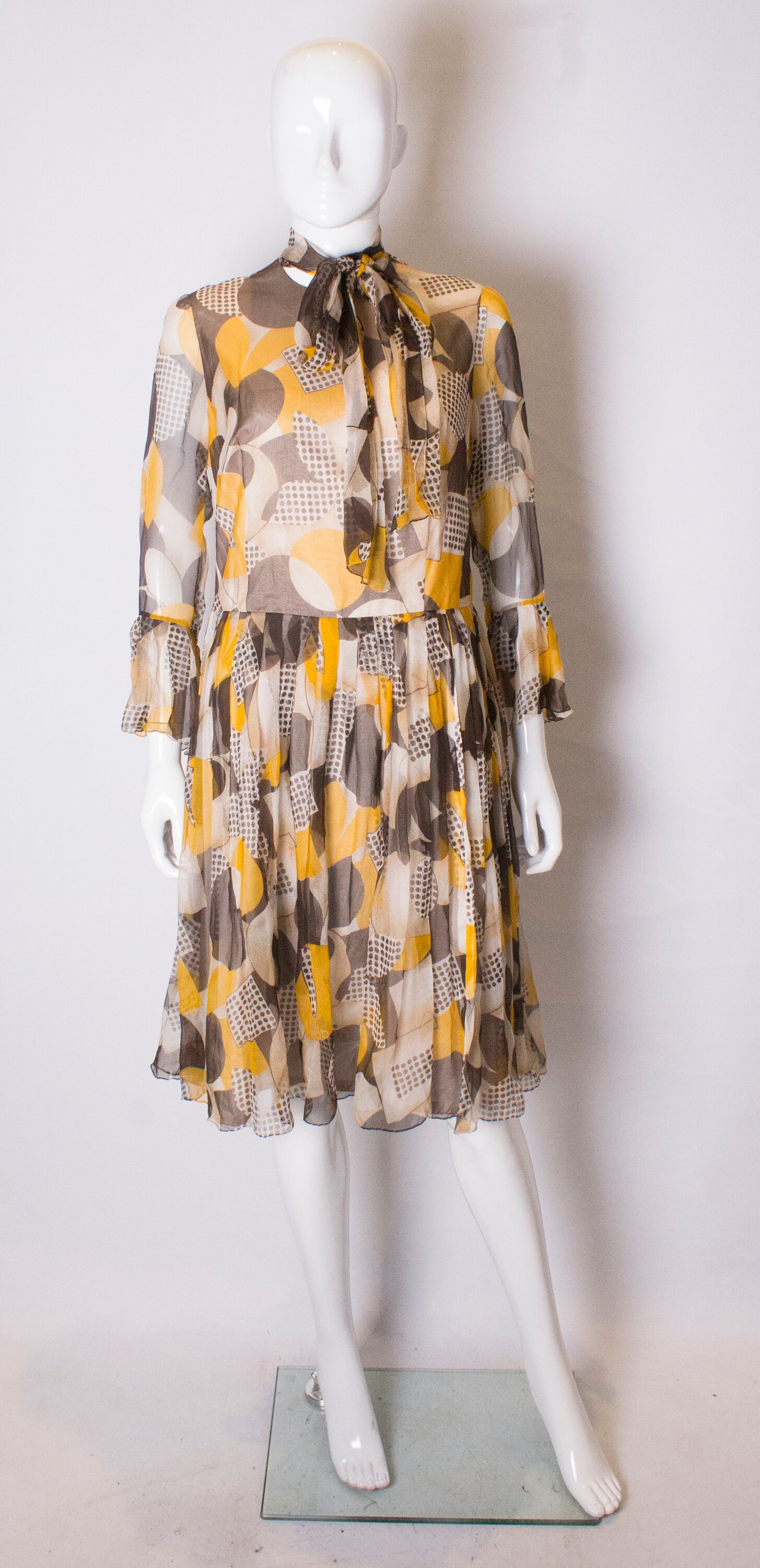 Image of A Vintage S Silk Chiffon Yellow & Grey Astract Print Cocktail Dress