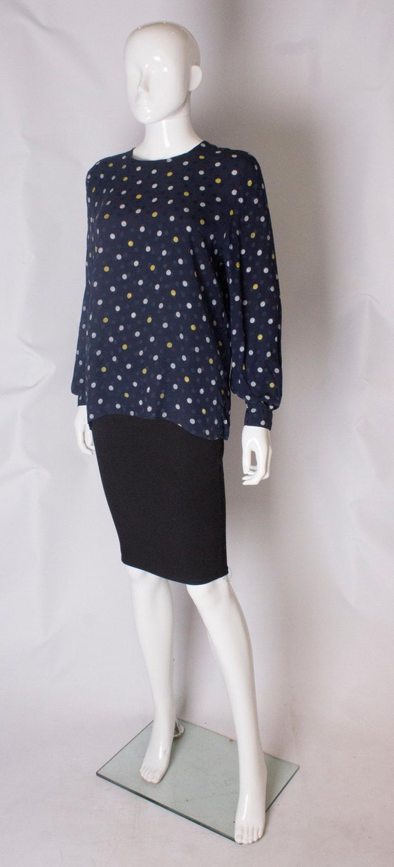 A Vintage 1990s navy polka dot silk blouse by Val… - image 3