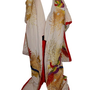 A vintage Wedding Kimono embroidered with gold crysanthemums and multicoloured phoenix