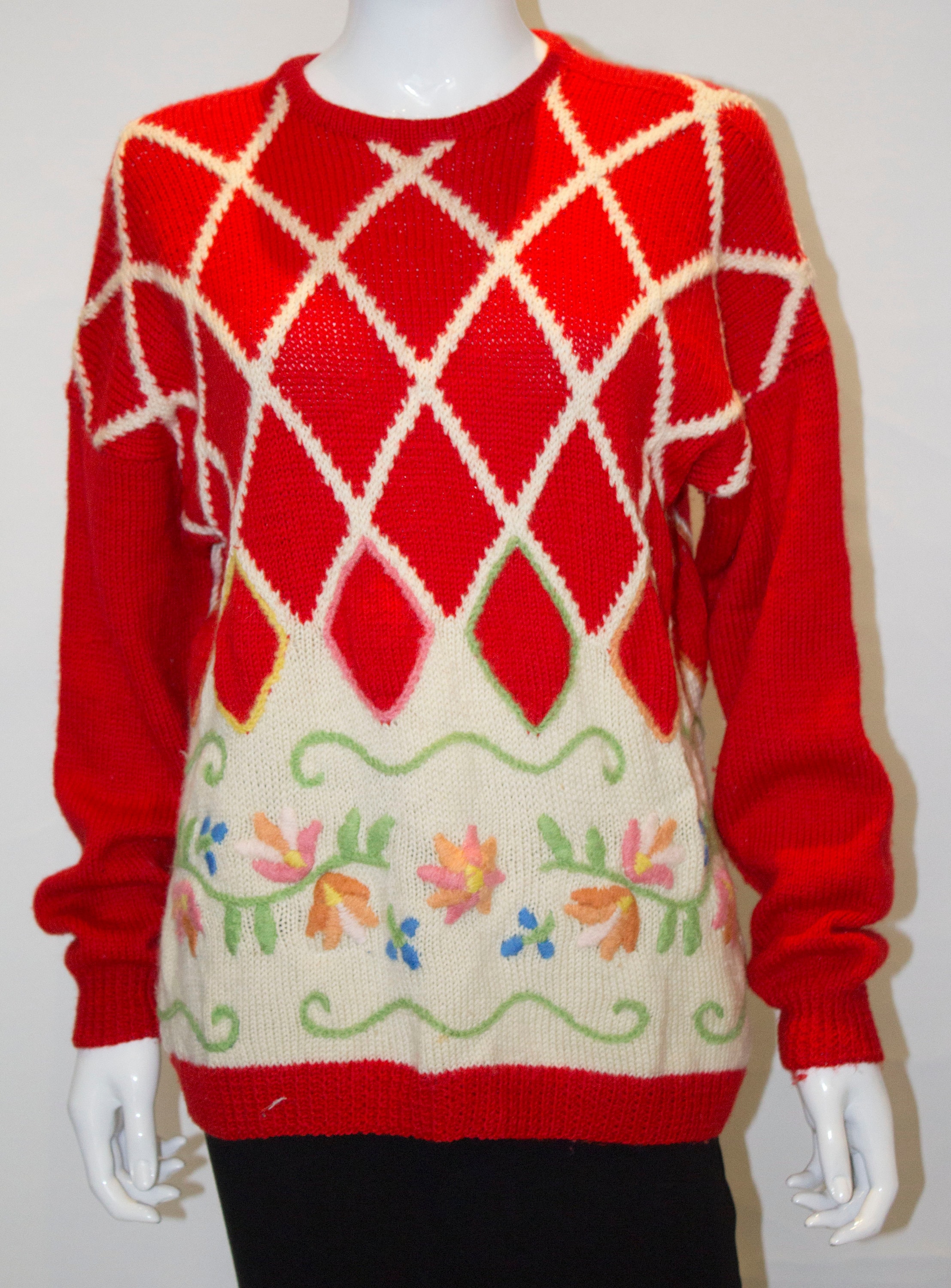 A Vintage 1950s Handmade Jumper Withred Stripe and Floral Etsy