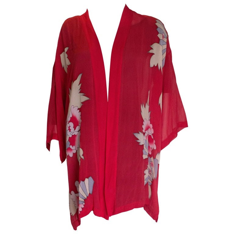 Image of A Vintage Red Silk Chiffon Kimono Jacket