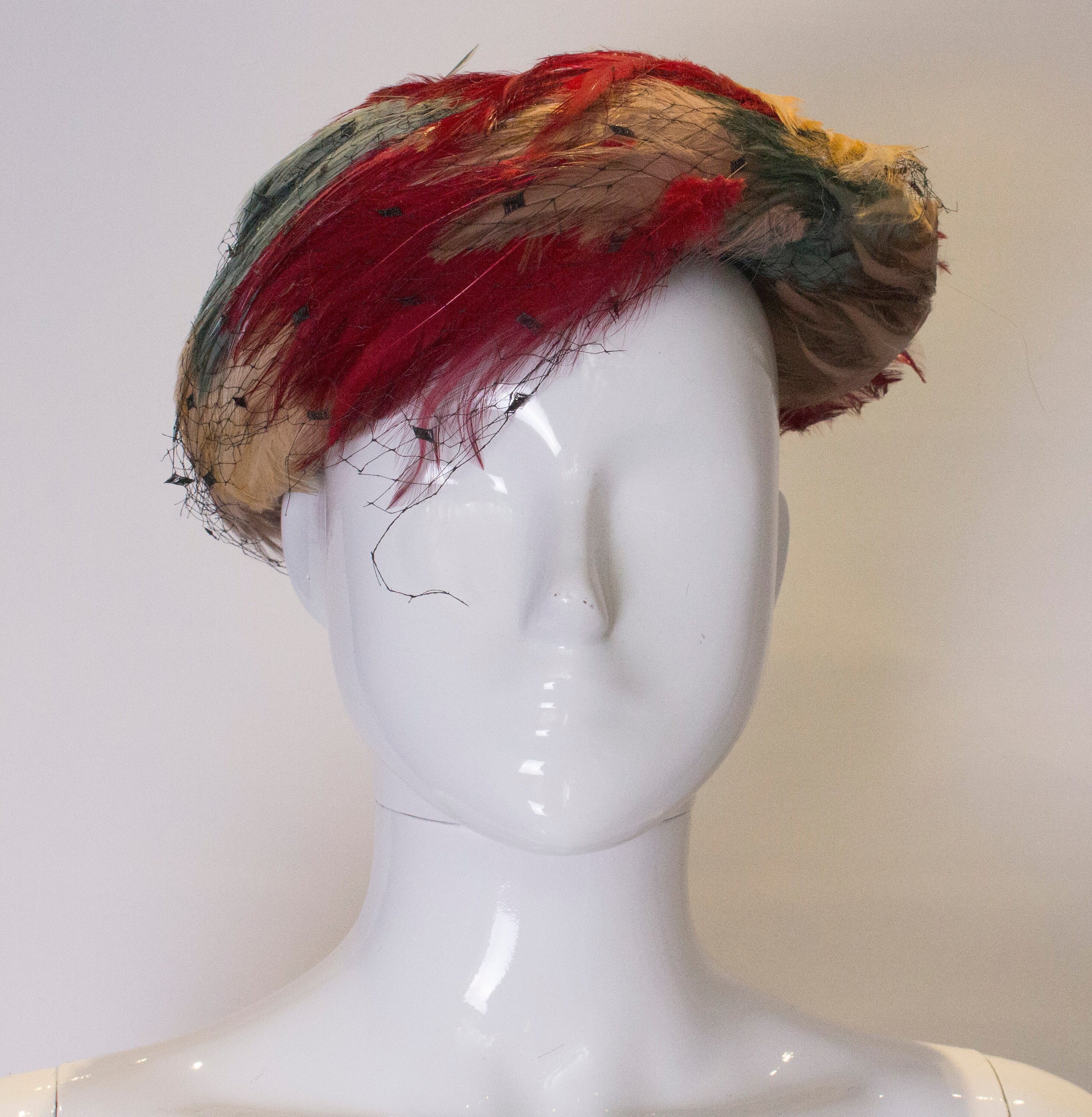 1950s Hat Feathered Pom Pom Vintage Jean Artlett DESIGNER FEATHER HAT