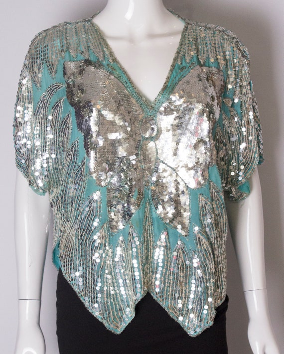 Cute Vintage 1980s Silk Sequined Butterfly Blouse