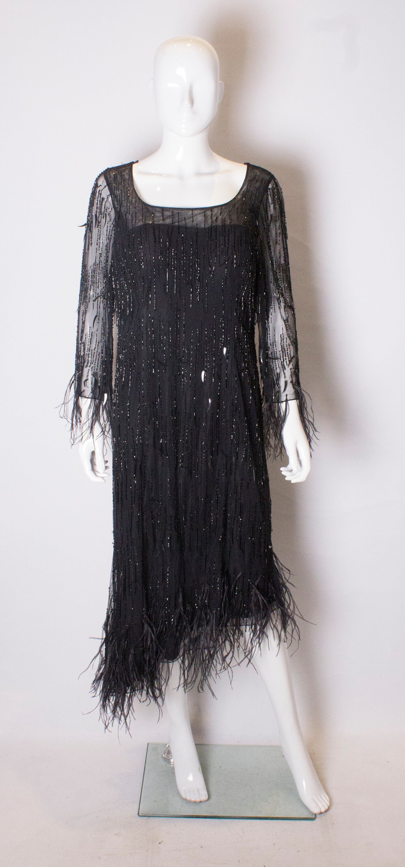 Image of A Vintage S Black Beaded With Feather Detail Frank Usher Cocktail Dress