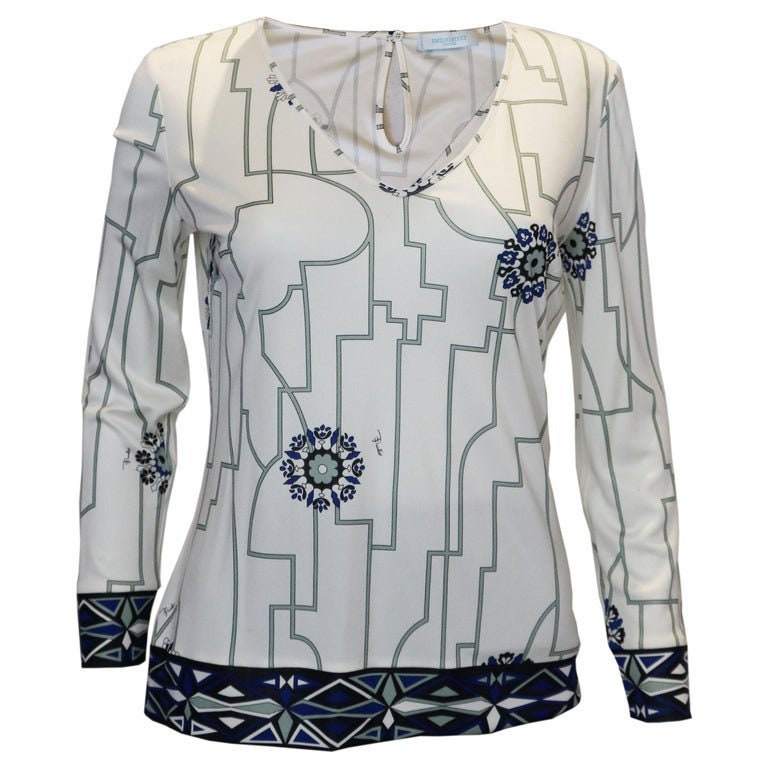 Image of A Vintage S Pucci Silk Jersey White Printed V Neck Top