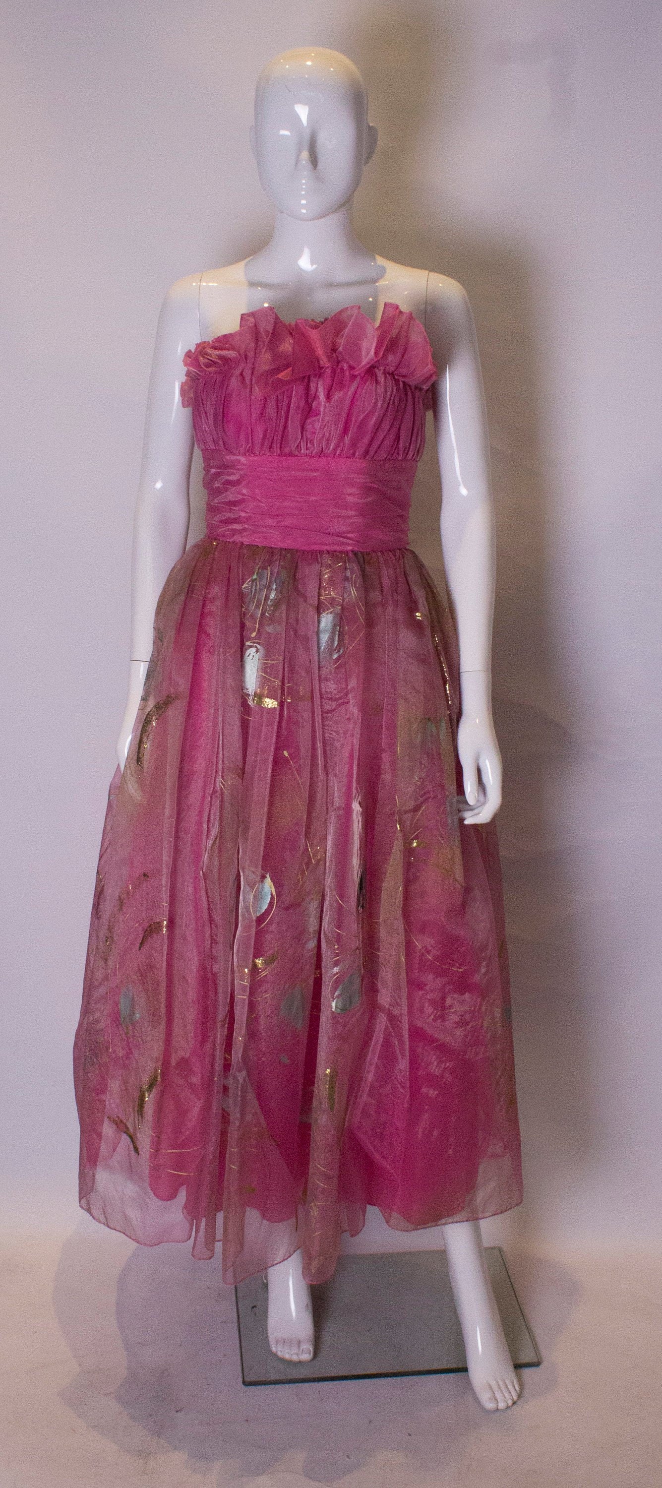 Image of A Vintage S Pink Floral Hand Painted Prom Dress