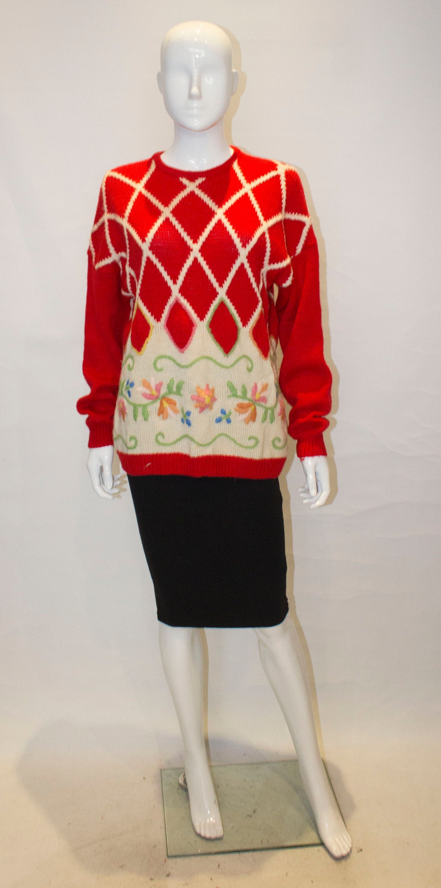 Image of A Vintage S Handmade Jumper Withred Stripe & Floral Detail