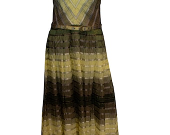 May include: A green and yellow striped dress with a V-neck and short sleeves. The dress has a belt and a pleated skirt.