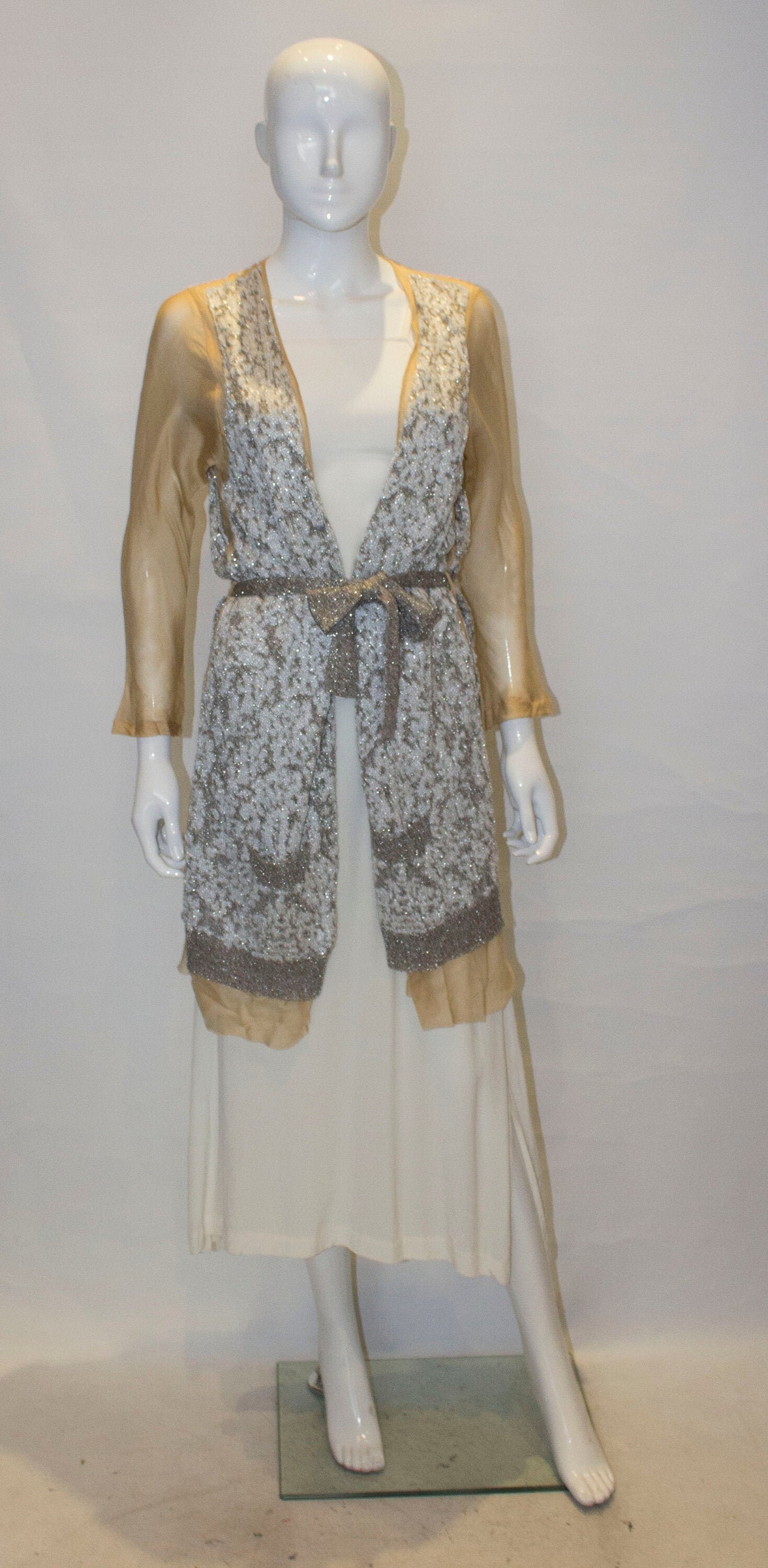 Image of A Dries Van Noten in Silver Knitted & Gold Silk Sleeved Cardigan