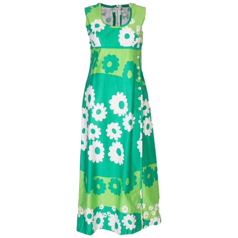 Image of A Vintage S Green Cotton Floral Printed Long Summer Dress