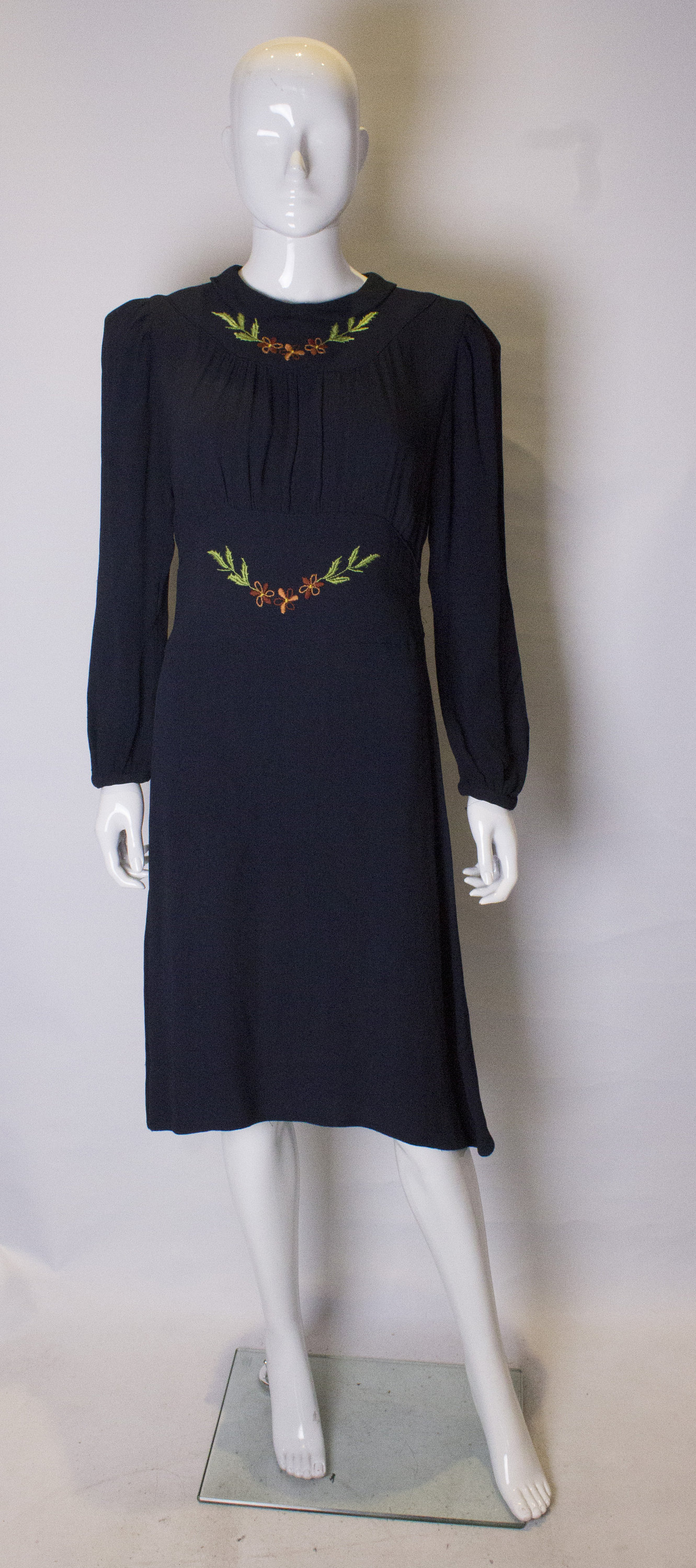 Image of A Vintage Dark Navy Blue S Floral Embroidered Day Dress