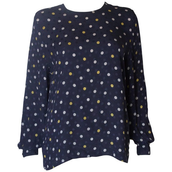 A Vintage 1990s navy polka dot silk blouse by Val… - image 2