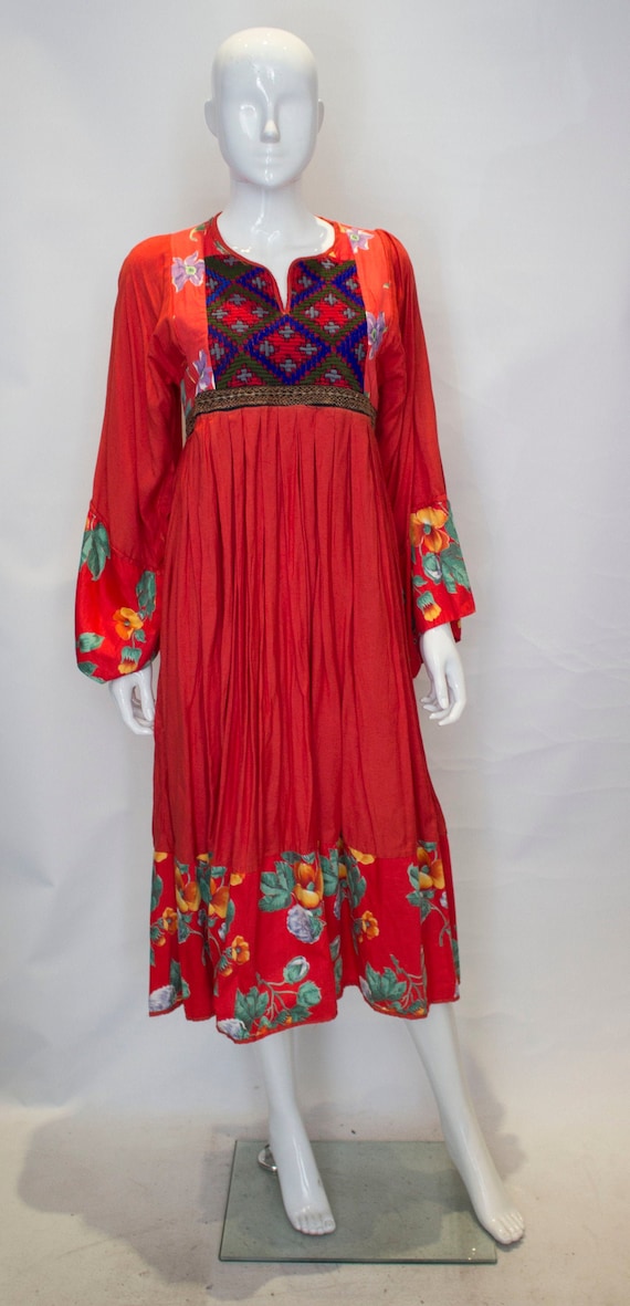 A Vintage 1970s Red Cotton floral Boho Dress