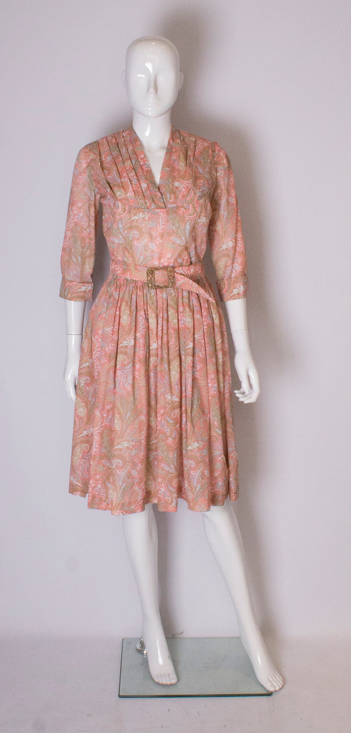 Image of A Vintage S Pretty Printed Cotton Day Dress With Matching Decorative Belt
