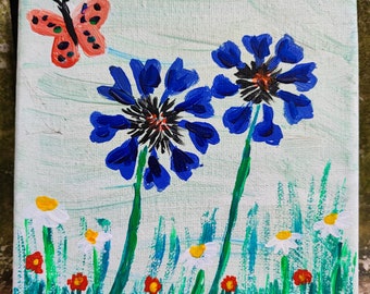 3 versch. Acrylbilder Blumenwiese, Mohnblume und Kornblume auf Keilrahmen gemalt