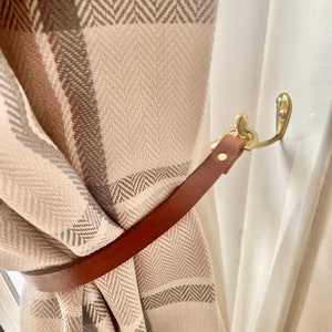 British handmade Leather minimalist  curtain tie back optional hooks