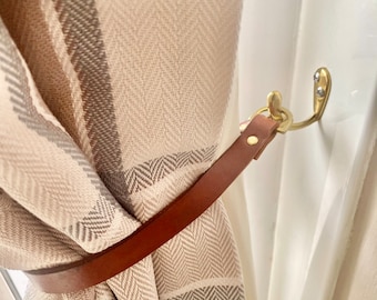 British handmade Leather minimalist  curtain tie back optional hooks