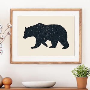 Vintage Poster schwarz weiß - Bär - Kunstwerk Wandbild von Florent Bodart, A4/A3/A2 ohne Rahmen, Retro Deko Wohnzimmer Tier Sternenhimmel
