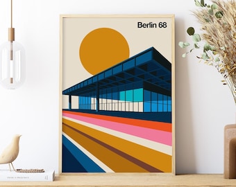 May include: A minimalist poster with a geometric illustration of a building, a yellow sun, and colorful stripes. The text "Berlin 68" is at the top of the poster.