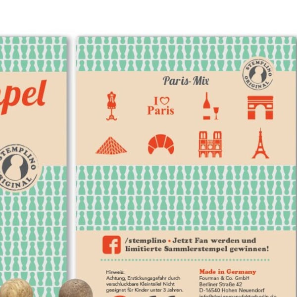 Geschenke Idee Mini Stempel Set Paris , 8 Stück mit Stempelkissen Croissant Eiffelturm Louvre Wein