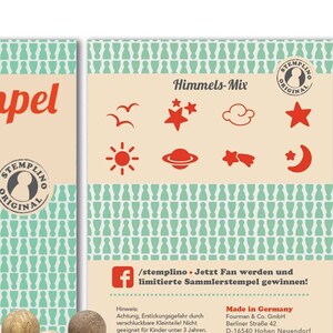 Stempelset mini houten stempelset hemel, 8 stuks met stempelkussen zon maan sterren wolken UFO motief stempelset
