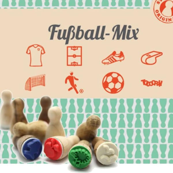 Geschenke Idee Mini Stempel Set Fussball, 8 Stück mit Stempelkissen Sportschuhe Fußballfeld Pfeife Europapokal WM Fußballspieler