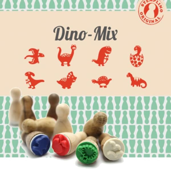 Geschenke Idee Mini Stempelset Dino, 8 Stück mit Stempelkissen Stempel Set Dinosaurier DIY
