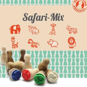 Set di timbri mini set di timbri in legno Safari - 8 pezzi con tampone d'inchiostro elefante bisonte toro suricato leopardo giraffa zebra rinoceronte leone