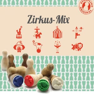 Stempelset mini houten stempelset circus, 8 stuks met stempelkussen clown nar olifant leeuw paard zeehond goochelaar carrouseltent